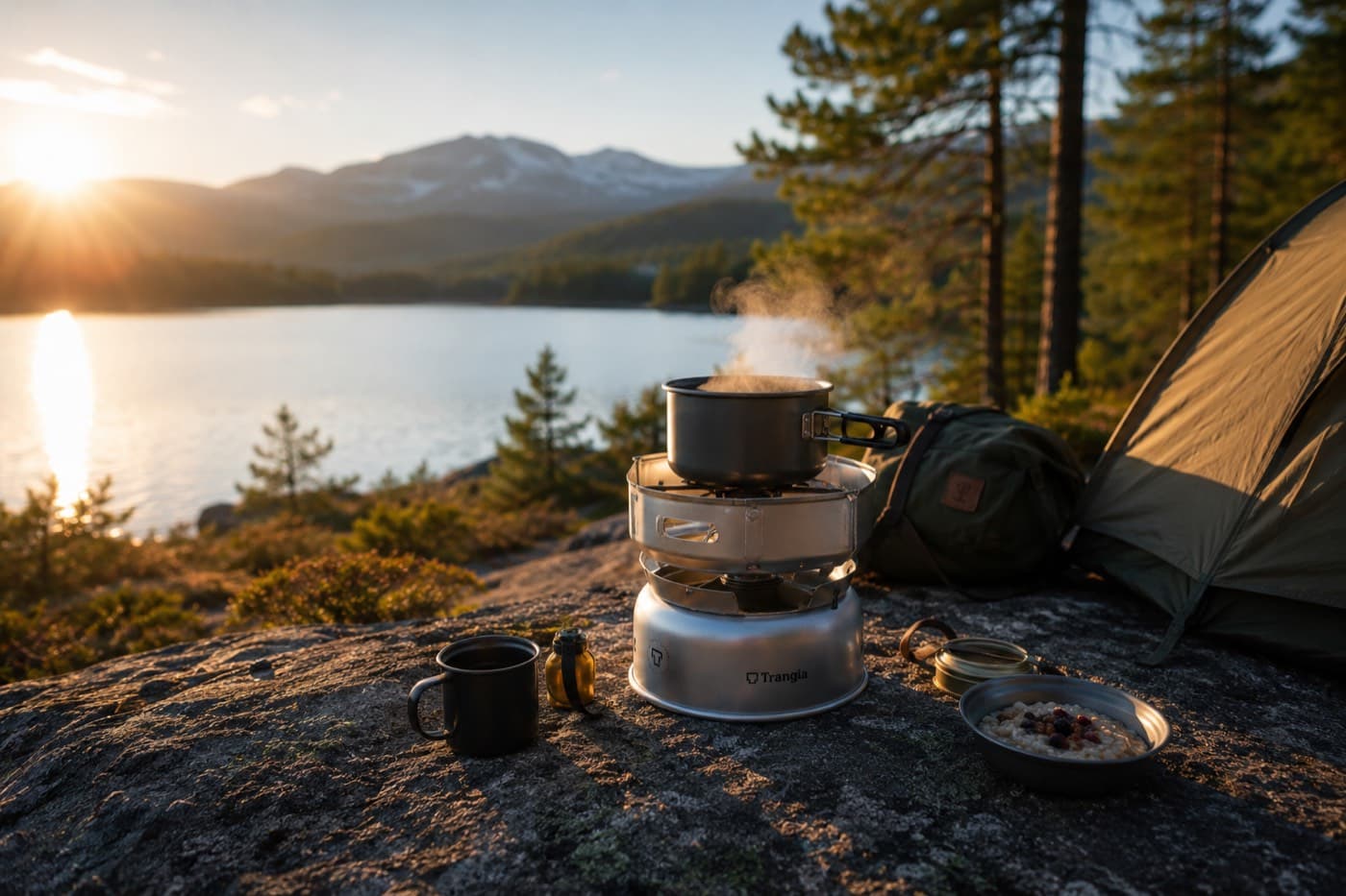 Trangia 25 spritkök vid sjö i solnedgång med tält och frukost på berghäll